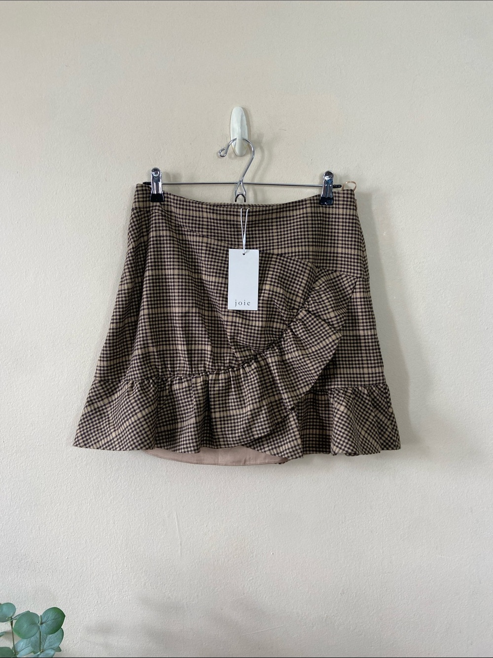 Joie Anesse Plaid Mini Skirt Brown Tan Check Ruffle Wrap Preppy New Women's 8